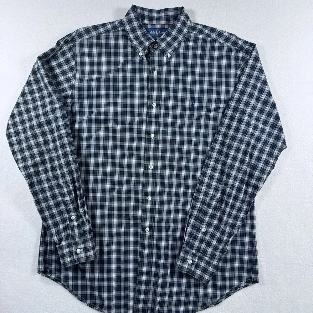 Polo Ralph Lauren Button Down Shirt Mens L Blue Green Plaid‎ Classic Fit